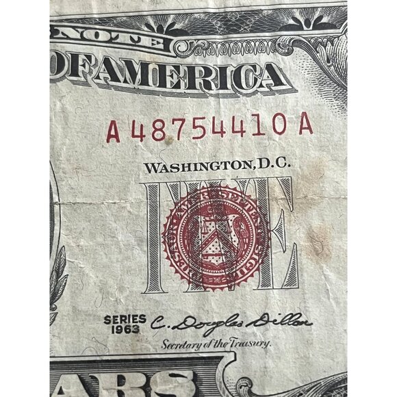 1963 Series $5 United States Note Red Seal Legal Tender Currency #A4874410A - Picture 2 of 6